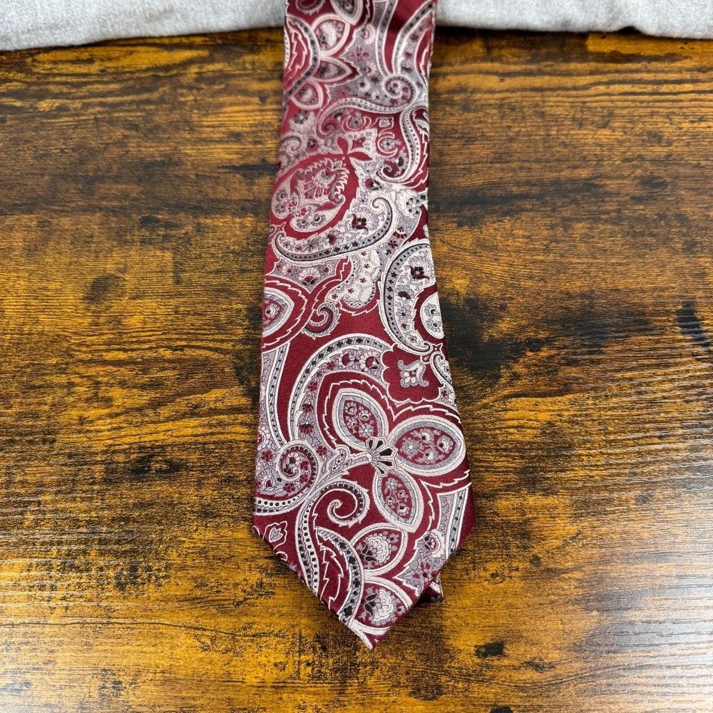 Limited Edition Mens Silk Necktie Burgundy Gray Paisley Jacquard Vintage 90s